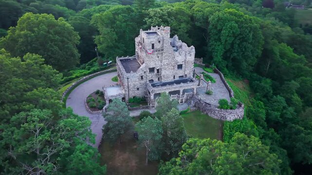 Summer aerial view featuring Gillette Castle in East Haddam, Connecticut at sunrise
