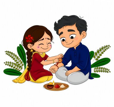 Raksha Bandhan greeting banner with cute cartoon sister tying rakhi on brother's wrist, Indian festival celebration, 3D illustration