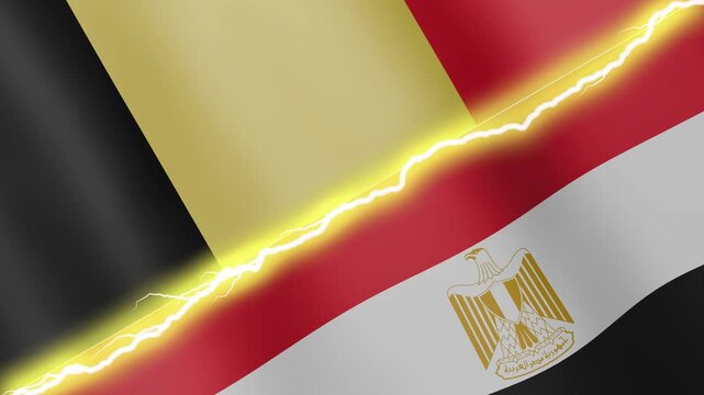 Two waving flags Belgium and Egypt with diagonal lightning seamless, 4k loop
