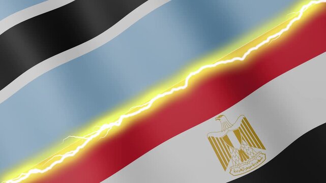 Two waving flags Botswana and Egypt with diagonal lightning seamless, 4k loop