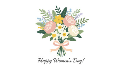 Naklejka premium Elegant spring flower bouquet tied with a pink ribbon for happy womens day celebration vector illustration on white.