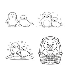 Penguin And Seal Illustrations With Bear In Basket Black And White Vector Graphics animal illustration arctic © MDJION