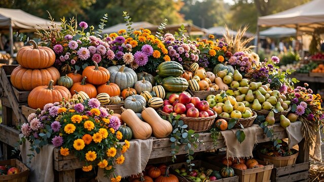 Abundant autumn harvest market stall with pumpkins and vibrant flowers