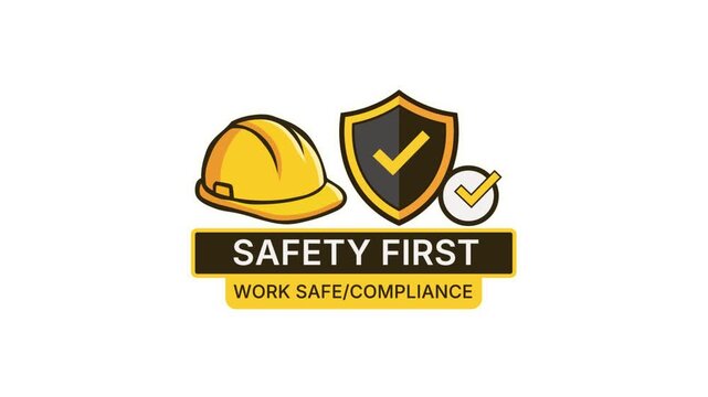 Safety First Loop Animation: Work Safe Compliance Shield and Hard Hat Glitch Effect Concept