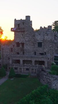 Summer aerial view featuring Gillette Castle in East Haddam, Connecticut at sunrise