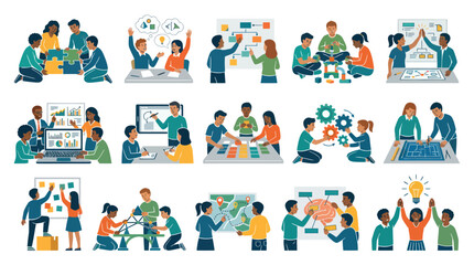 Fototapeta premium Flat Vector Business Technology Teamwork: Collaborative Problem-Solving Innovation Scenes