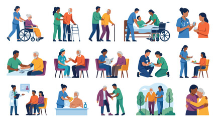 Fototapeta premium Elderly Care Flat Vector Illustration Set: Caregivers Assisting Seniors in Healthcare and Home Environments