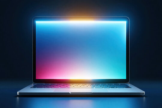 Laptop blank screen modern mockup blue pink glowing dark desk front view digital device computer screen keyboard open isolated studio technology workspace office web template presentation copy