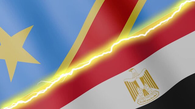 Two waving flags Congo - Kinshasa and Egypt with diagonal lightning seamless, 4k loop