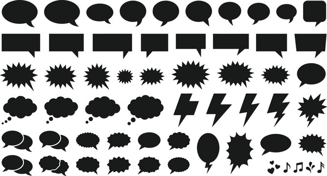 Large collection of black speech bubbles thought clouds and comic elements isolated on white background