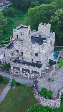 Summer aerial view featuring Gillette Castle in East Haddam, Connecticut at sunrise