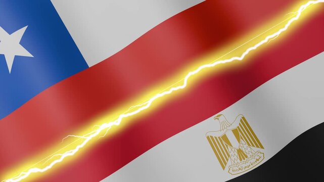 Two waving flags Chile and Egypt with diagonal lightning seamless, 4k loop
