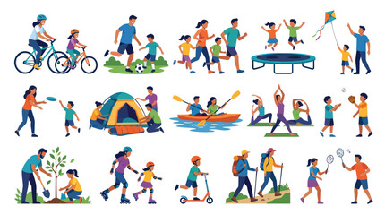 Fototapeta premium Flat Vector Illustration Set of Active Lifestyle and Family Outdoor Activities for Health Wellness