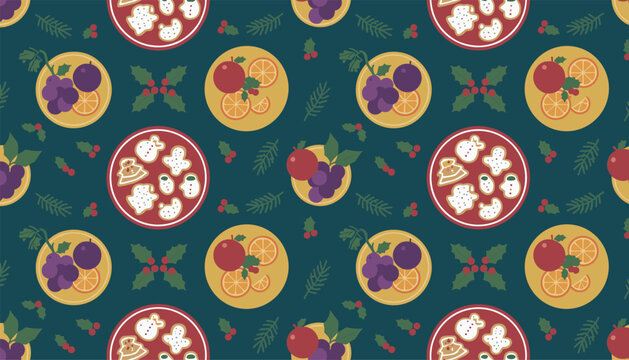 Christmas winter seamless pattern with plates of gingerbread cookies and festive holiday fruits on dark green.