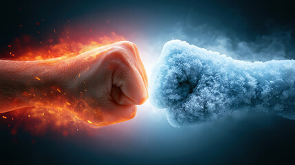 Fototapeta premium Fire ice fist clash contrast energy heat cold battle concept