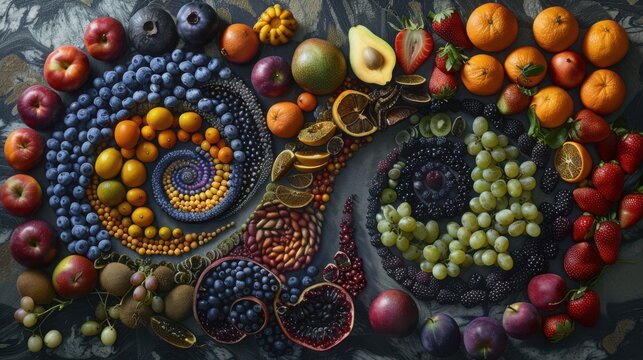 Fruit arrangement displays a vibrant spiral pattern composed of various berries, citrus segments, and tropical slices on a dark surface, offering an aesthetic display of fresh and colorful produce.