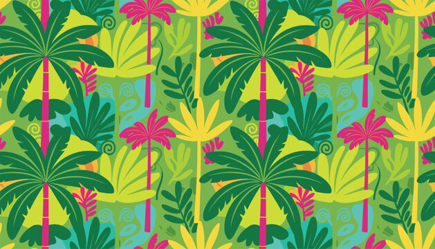 Vibrant seamless tropical forest pattern with green palm trees yellow palms banana leaves and pink exotic plants.