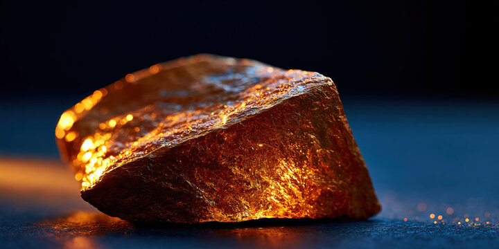 Raw gold nugget on dark blue surface, dramatic close up with glowing texture and reflective mineral detail