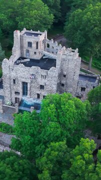 Summer aerial view featuring Gillette Castle in East Haddam, Connecticut at sunrise