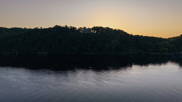 Summer aerial view featuring Gillette Castle in East Haddam, Connecticut at sunrise