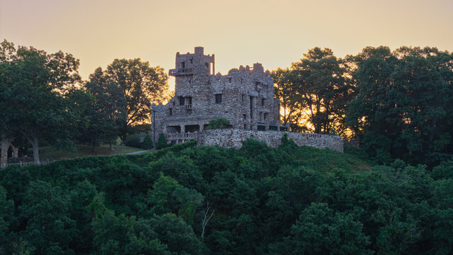 Summer aerial view featuring Gillette Castle in East Haddam, Connecticut at sunrise