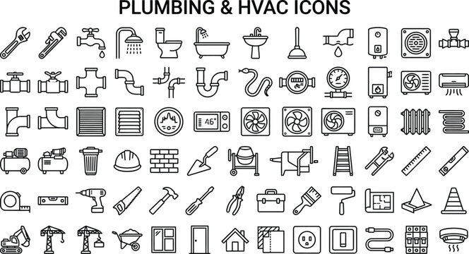 Comprehensive Collection of Sixty Minimalist Outline Icons Featuring Plumbing Heating Ventilation Air Conditioning HVAC Construction Home Improvement and Residential Building Maintenance