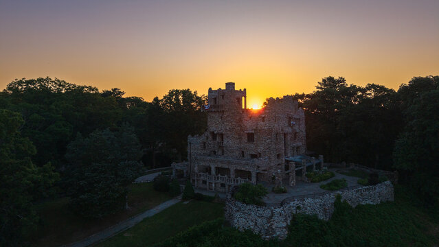 Summer aerial view featuring Gillette Castle in East Haddam, Connecticut at sunrise