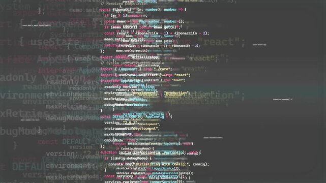 Abstract digital screen with scrolling computer code and programming syntax for software development concept