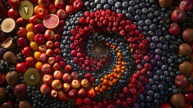 Berries and various fruits form a hypnotic spiral pattern that draws the viewer into the center, highlighting a rich spectrum of textures and deep colors ranging from dark blueberries to bright red.