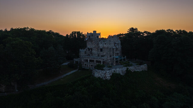 Summer aerial view featuring Gillette Castle in East Haddam, Connecticut at sunrise