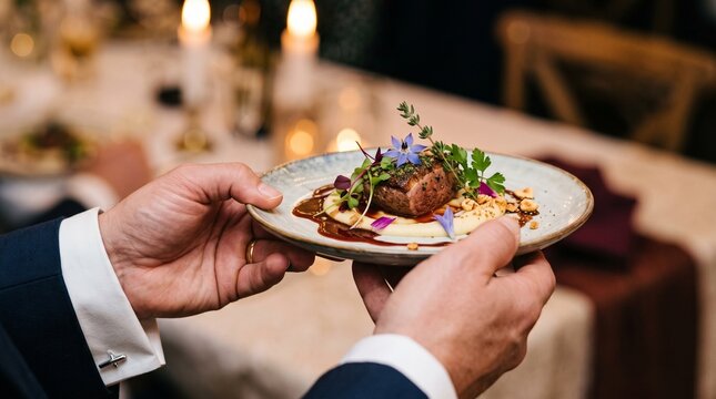 Gourmet plated entree served at elegant wedding reception, professional waiter holding luxury dinner plate, fine dining catering service at gala event