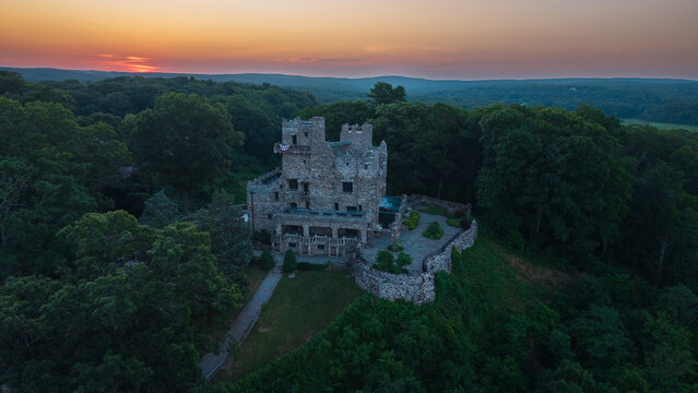 Summer aerial view featuring Gillette Castle in East Haddam, Connecticut at sunrise