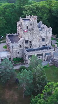Summer aerial view featuring Gillette Castle in East Haddam, Connecticut at sunrise