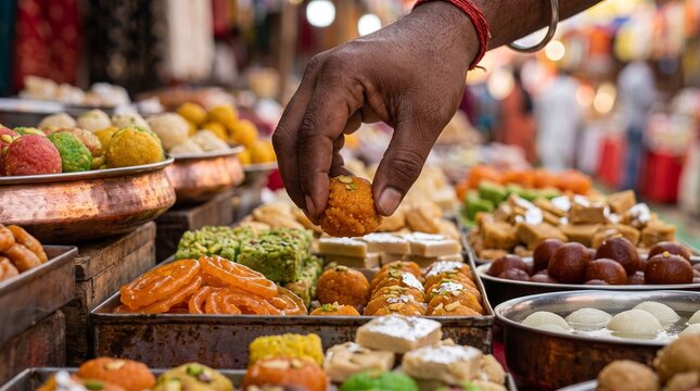 Traditional Indian sweets at a vibrant street market, hand picking a golden laddu, assortment of colorful mithai and desserts in a busy bazaar