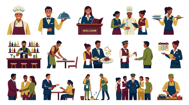 Diverse Hospitality Industry Staff  Service Professionals Flat Vector Illustration Set