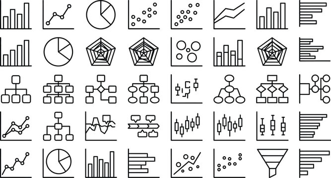 Comprehensive set of 30 minimalist outline icons featuring diverse data charts, financial diagrams, and statistical graphics in a sleek linear style with editable stroke for modern design.