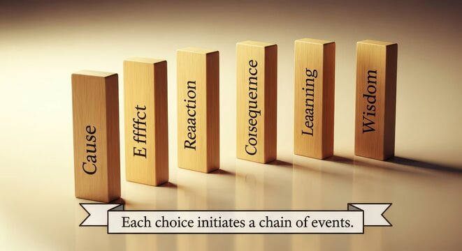 Conceptual Chain of Cause and Effect Represented by Wooden Blocks with Words: Cause, Effect, Reaction, Consequence, Learning, Wisdom