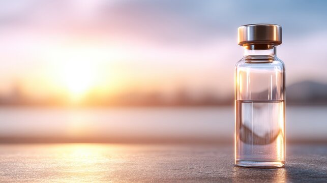 Aesthetic Close-Up of a Clear Glass Vaccine Vial with a Stylish Gold Cap Against a Serene Sunrise Background Over a Tranquil Landscape