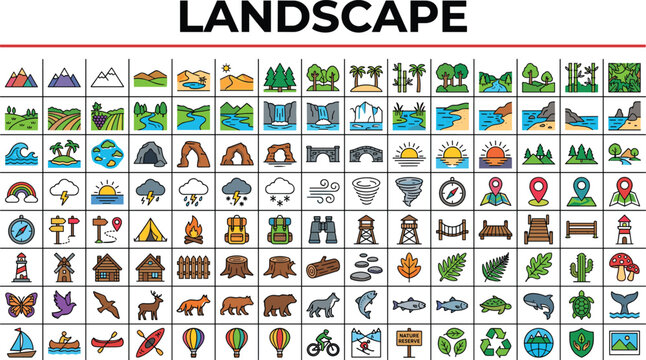 Nature landscape travel adventure and outdoor ecosystem icons mega pack with mountains forest weather and wildlife line vector illustration