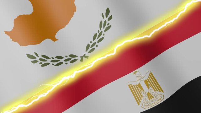 Two waving flags Cyprus and Egypt with diagonal lightning seamless, 4k loop