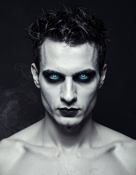 Portrait of a pale man with sharp features and messy dark hair