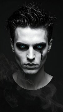 Portrait of a pale man with sharp features and messy dark hair