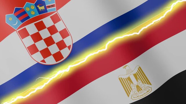 Two waving flags Croatia and Egypt with diagonal lightning seamless, 4k loop