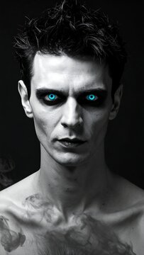 Portrait of a pale man with sharp features and messy dark hair