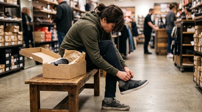 Young woman trying on new sneakers in a retail shoe store, female customer sitting on wooden bench fitting footwear, shopping for athletic shoes