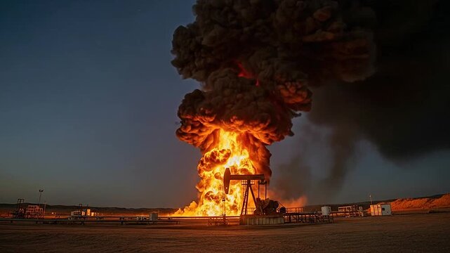 A massive fire erupts at an industrial oil extraction site during the night
