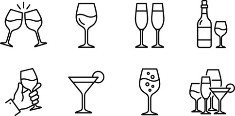 Wine Glass and Cocktail Bottle Line Art Icon Set for Bar Restaurant and Celebration Graphic Designs © Taijul