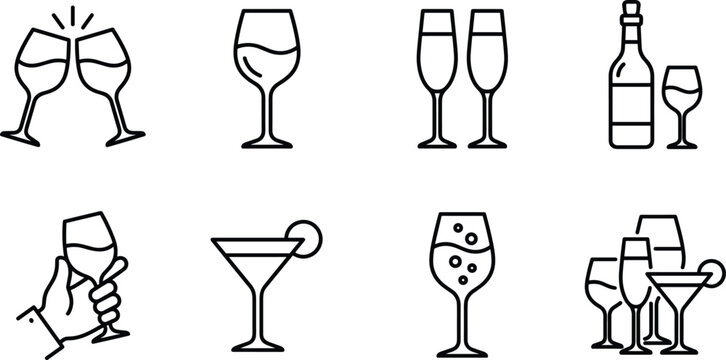 Wine Glass and Cocktail Bottle Line Art Icon Set for Bar Restaurant and Celebration Graphic Designs