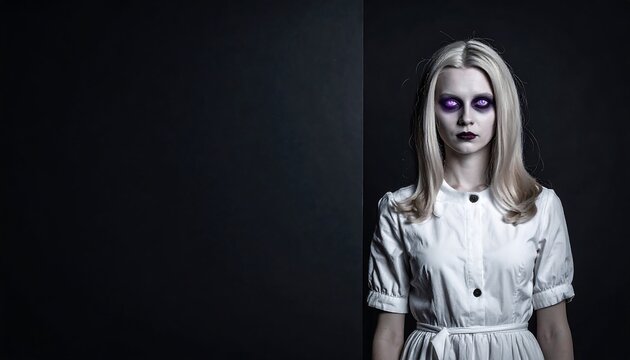 Eerie phantom of a woman with a blurred face in an antique dress