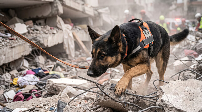 German Shepherd Rescue Dog Searching Earthquake Rubble